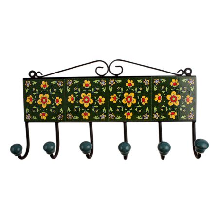 Green Floral Ceramic Tiles Hooks-473 (Set Of Ine Piece)